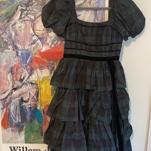 Antonio Melani Tiered Ruffle Plaid Smocked Bodice Puff SleeveTaffeta Dress